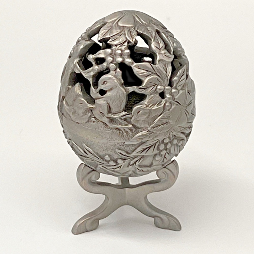 Vintage Pewter Port Egg Trinket Box Bird Floral Motif Pierced Openwork‎ Stand